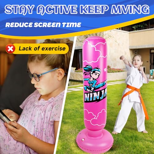 Kids Inflatable Punching Bag - Ninja Pink 67 Inch Kids Boxing Bag with Gloves & Pump