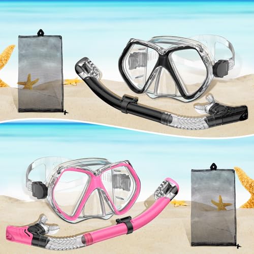 Adult Snorkel Mask Set with Dry Top Snorkel - Black + Pink