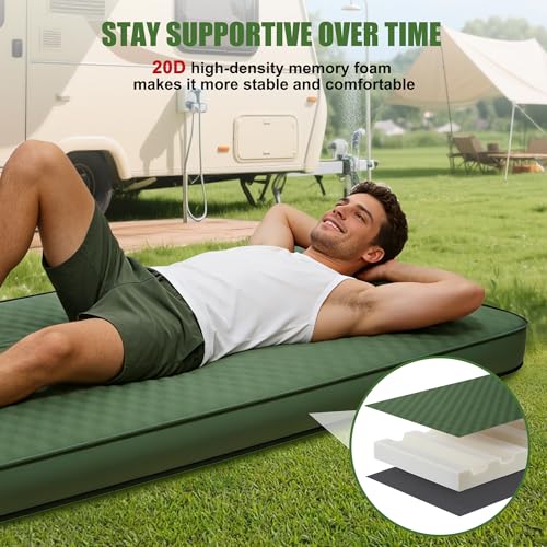BreezCamp Green Self-Inflating Memory Foam Sleeping Pad with Electric Pump, 4-Inch Thick, All-Season Camping Mattress