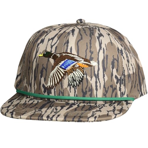 Outdoor Performance Snapback Hat with Flat Brim and Animal Embroidery - Flying Duck, Rope Bottomland Camo