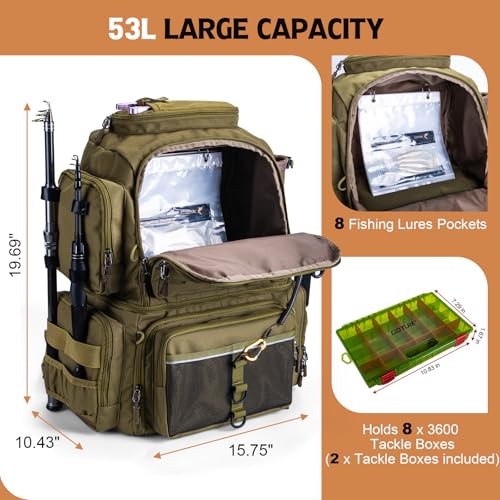 Fishing Backpack with Cooler and Tackle Boxes – 53L Rod Holder & Waterproof Storage
