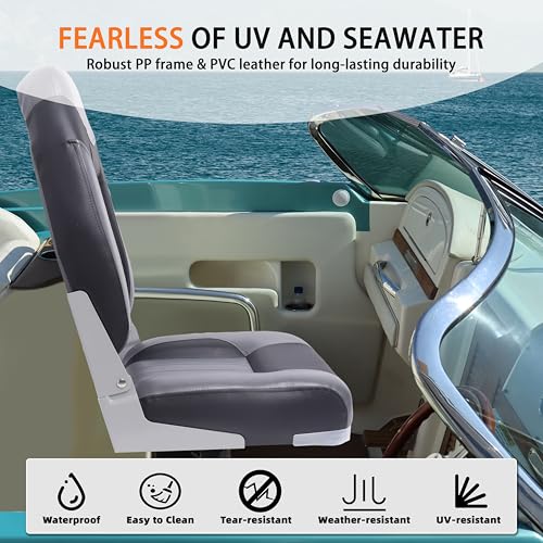 Folding Marine Boat Seat with High Back Support - Gray/Black, Heavy Duty, Adjustable, Waterproof Fishing Seat