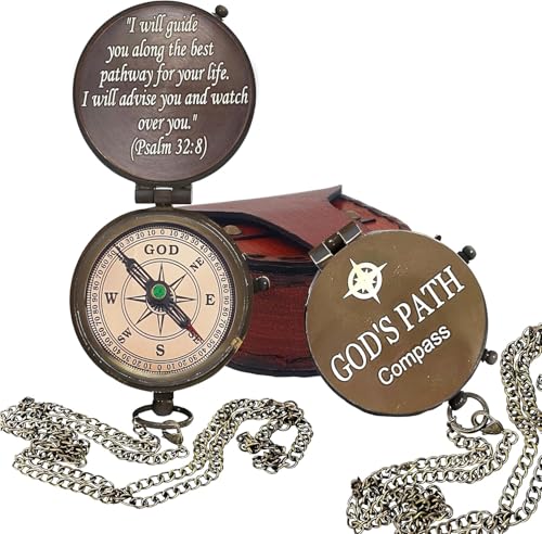PSALM God's Path Compass - Engraved Working Handmade Antique Compass with Scripture - Religious, Christian, Catholic, Christening, First Communion, Confirmation Gifts for Teenage Men (Leather Box)