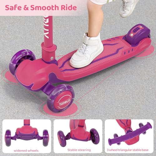 Kids Scooter Light Up 3 Wheel Folding Scooter for Kids 3-12 - Berry Red