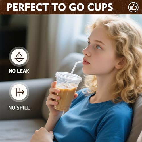 16 oz Disposable Iced Coffee Cups with Lids - Pack of 100 Clear Plastic Drink Cups