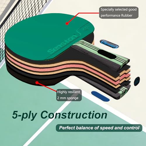 Ping Pong Paddles Set 5-Ply Wood 2mm Sponge for All Skill Levels - Green & Purple