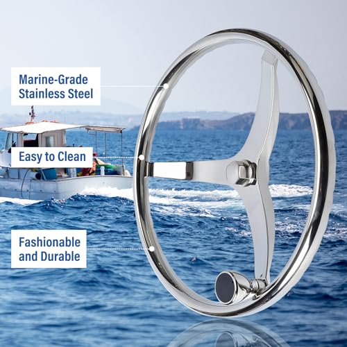 Stainless Steel Boat Steering Wheel 13.5 Inch 3 Spoke Marine Helm with Turning Knob