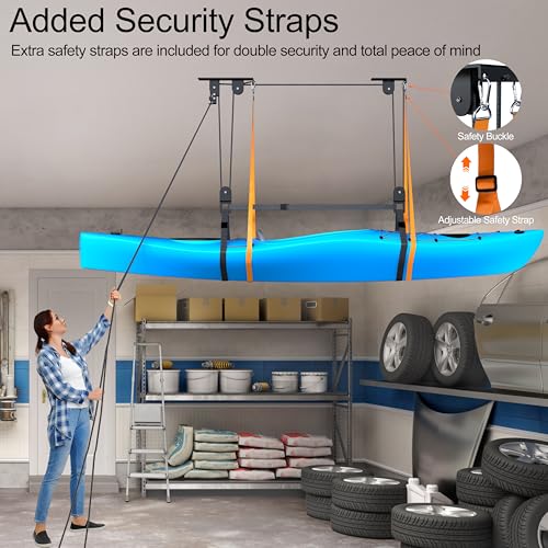 Garage Ceiling Kayak Hoist System with Pulleys for Watercraft Storage