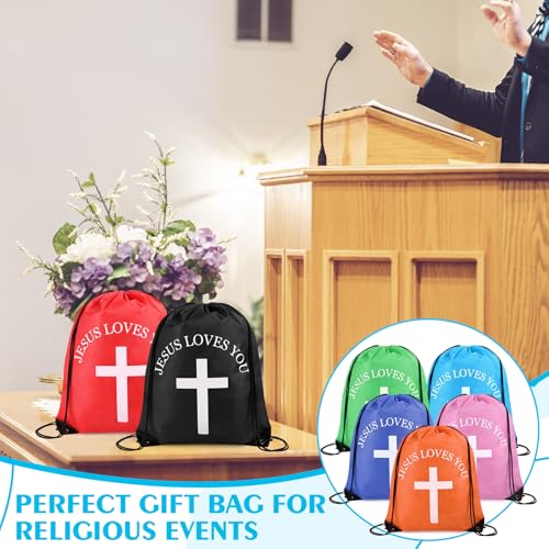 Multicolor Jesus Loves You Drawstring Backpack Bulk 100 Pcs Christian Religious Gift Bag
