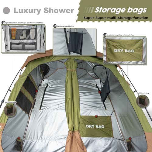 Porayhut Avocado Green Portable Camping Shower Tent with Dual Rooms & Floor Drain