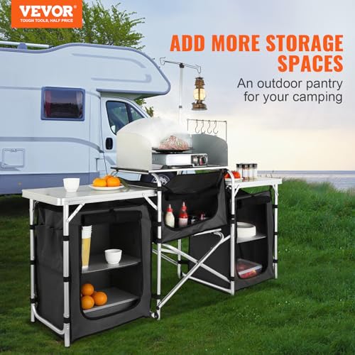 Camping Kitchen Table with Storage & Windscreen - Black, Folding Outdoor Cooking Station with Cupboard