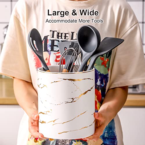 7.2-Inch Marble Utensil Holder - Large White & Gold Kitchen Organizer