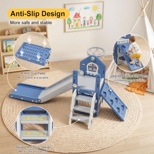 BIERUM 6-in-1 Toddler Climber & Slide Playset - Blue & Gray, Safe Indoor Outdoor Toy