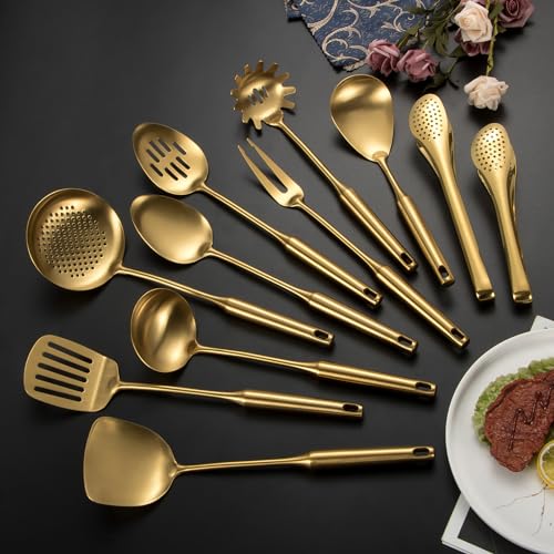 11-Piece Stainless Steel Kitchen Utensil Set with Gold Finish - Dishwasher Safe