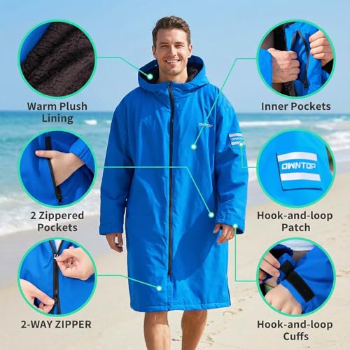 Owntop Kids & Adult Waterproof Sherpa Lined Surf Poncho - Oversized Hood & Velcro Patch - XX-Small Blue