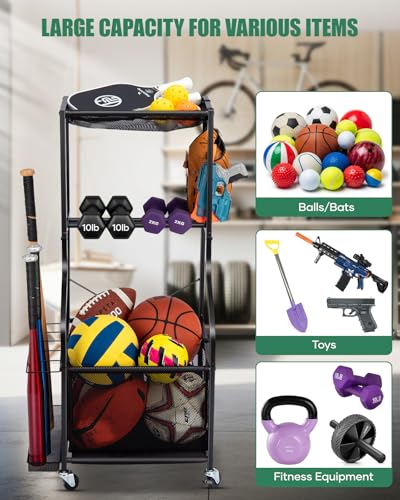 Garage Sports Equipment Organizer Rolling Ball Storage Cart - Black Small