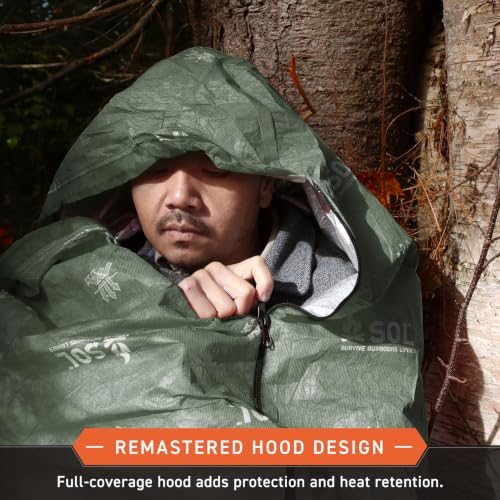 SOL Escape Bivvy with Hood 60 gsm Emergency Survival Blanket Reflects 70% Body Heat Water Resistant Green