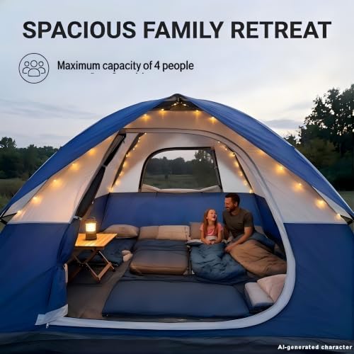 XL Blue 4-Person Waterproof Dome Camping Tent - Lightweight & Spacious