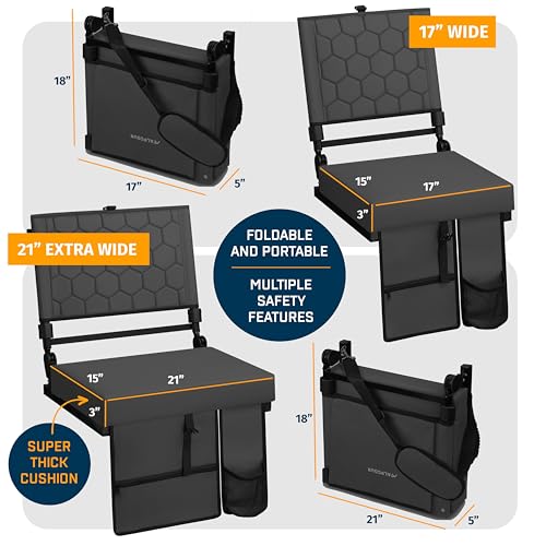 Alpcour Extra Wide Folding Bleacher Seat with Back Support, 21" Black, Thick Cushion, Cup Holder & Storage