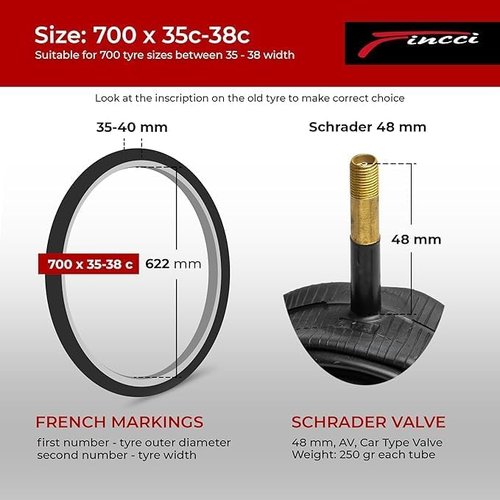 Fincci Pack Inner Tubes - 700c x 35c/38c with 48mm Schrader-Presta Valve | Durable Butyl Rubber for Gravel, Road & E-Bikes