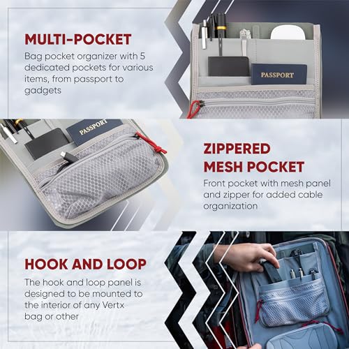 Bag Organizer Insert with Multiple Pockets for Backpack or Bag - Hook & Loop Attachment, Grey