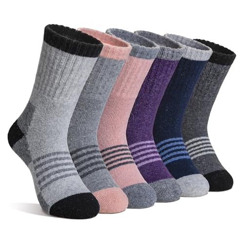 Toddler Kids Merino Wool Hiking Socks 6 Pairs Winter Warm Thermal Crew Socks - Grey, Blue, Purple 13-15 Years