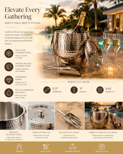 Silver Insulated Ice Bucket with Lid & Scoop - 3QT Champagne Cooler