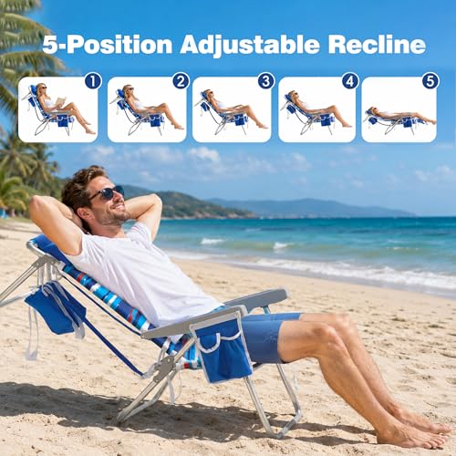 Blue Striped High Seat Beach Chair for Adults with Cooler & Cup Holder - 5 Recline Positions
