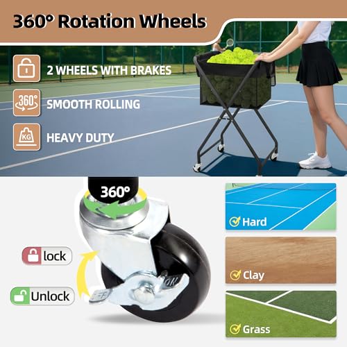 Foldable Tennis Ball Hopper Cart with Removable Ball Bag - Portable Ball Storage Organizer