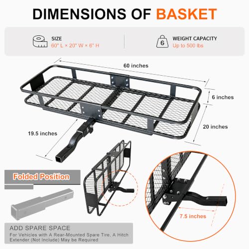 HubPax 16 Cu Ft Folding Hitch Cargo Carrier Basket 60 x 20 x 6 with Waterproof Bag