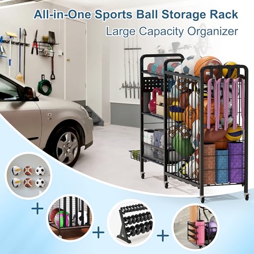 DUDUXI Deep Black Garage Sports Equipment Organizer with Wheels - Multi-Tier Ball Storage Rack with Hooks & Baskets