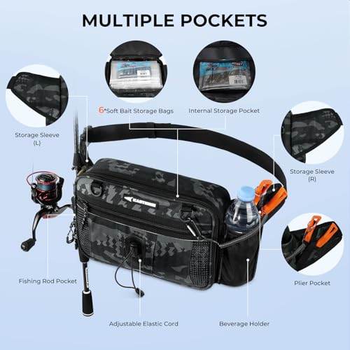 Fishing Waist Bag with Rod Holder - Black Camo, Versatile Tackle Organizer