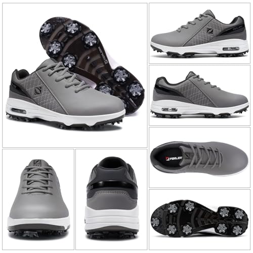 Men's Waterproof Golf Shoes Wide Spiked Non Slip Grey White - FENLERN 10