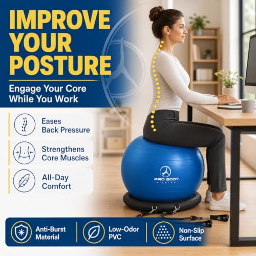 Blue Yoga Ball Chair for Office with Resistance Bands - 65cm