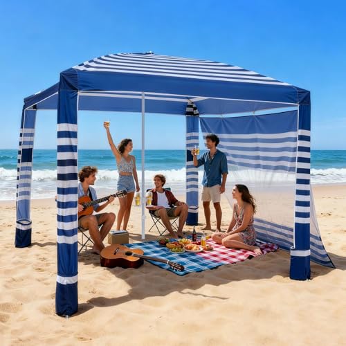 Beach Cabana 8x8 ft with Side Wall Navy Stripes UPF 50+ Sun Shelter Portable Shade