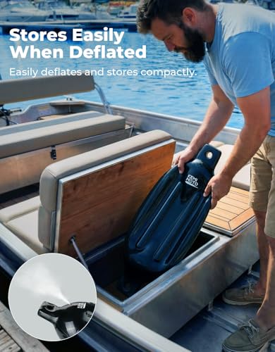 Black Inflatable Boat Fenders 5.5 x 20 inches - 4 Pack for 15-35ft Boats with Quick Release Clips