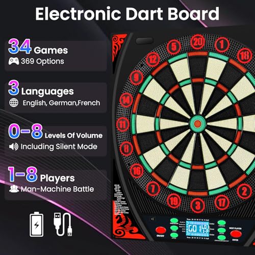 Beige Soft Tip Electronic Dart Board for Adults, 34 Games, Voice & LED Prompts