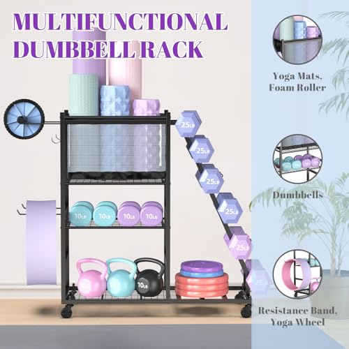 Dumbbell Rack with Yoga Mat Holder & Wheels - Home Gym Storage Organizer