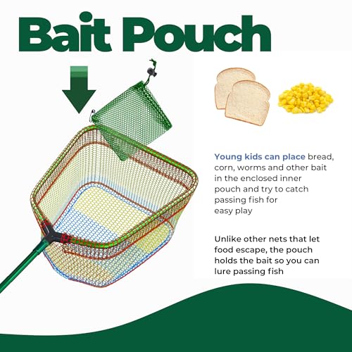 Kids Fishing Net with Bait Pouch - Collapsible Rainbow Mesh for Outdoor Play - Style 2 Green