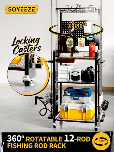 Black SOYEEZE Garage Fishing Rod Holder Cart - Holds 12 Rods & Reel Storage