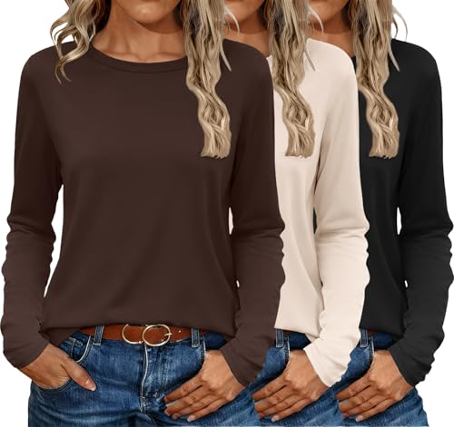 Ekouaer 3 Pack Long Sleeve Thermal Shirts for Women - Large / Black, Coffee, Beige Fall Clothes
