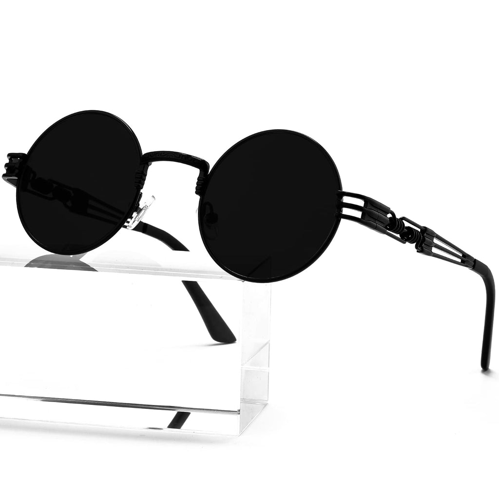 AIEYEZO Round Steampunk Sunglasses for Men Women Retro Circle Hippie Glasses Metal Frame 100% UV Blocking Lens (Black/Grey)