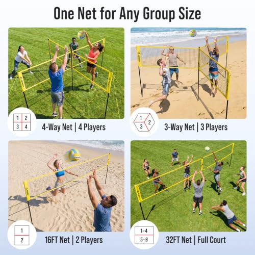 Yellow 4-Player Volleyball Game Set with 16FT & 32FT Court, Adjustable Height Backyard Badminton Combo