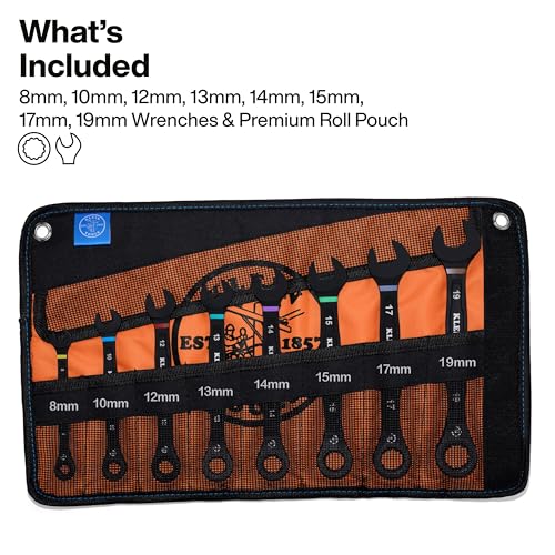 Klein Tools 69408MG Ratcheting Combination Wrench Set, 8-Piece Metric, 90-Tooth, I-Beam Handle, Color-Coded Sizes