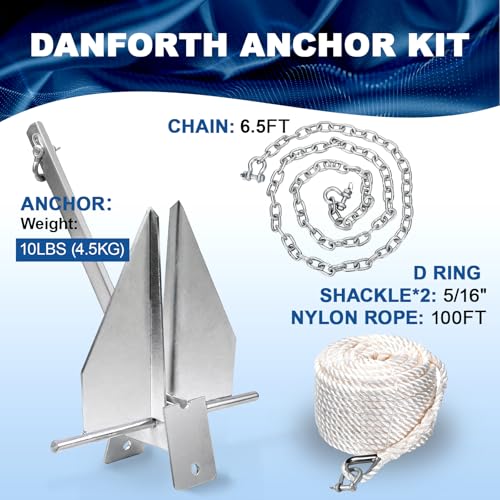 Leero 10 lb Boat Anchor Kit with Chain for 16-26 ft Boats - Heavy Duty Danforth Anchor