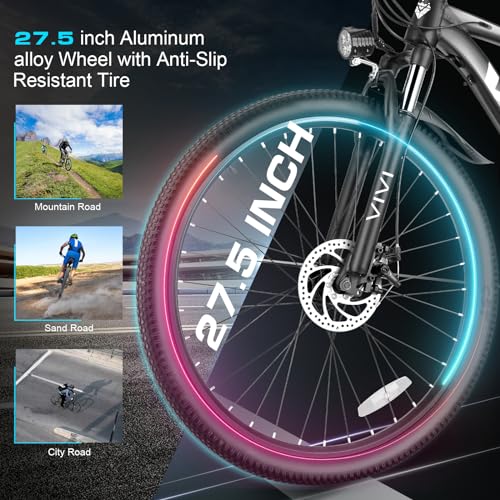 Vivi Grey Pro Electric Mountain Bike 27.5" 500W Shock Absorption, Removable Battery, UL2849
