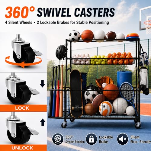 Garage Sports Equipment Storage Rack with Wheels, Ball, Bat, and Toy Organizer