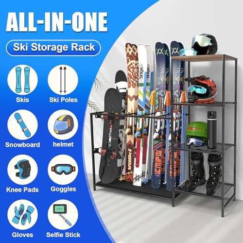 Freestanding Ski Rack with Adjustable Bars, Snowboard & Gear Storage
