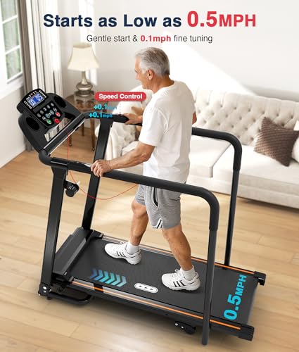 Redliro Senior Treadmill with Long Handrails - Black, Compact Home Walking Machine