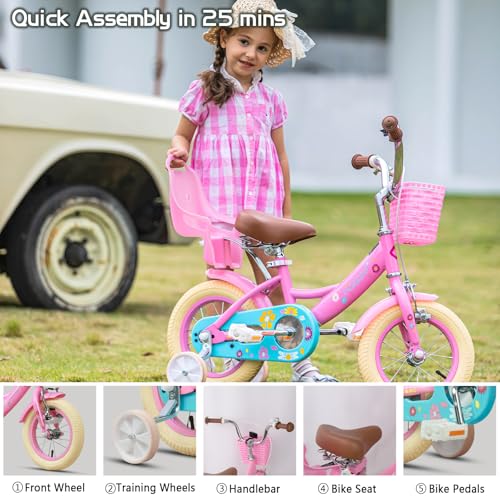 Pink 14 Inch Princess Kids Bike with Doll Seat & Basket - Girls Bicycle for 3-5 Years